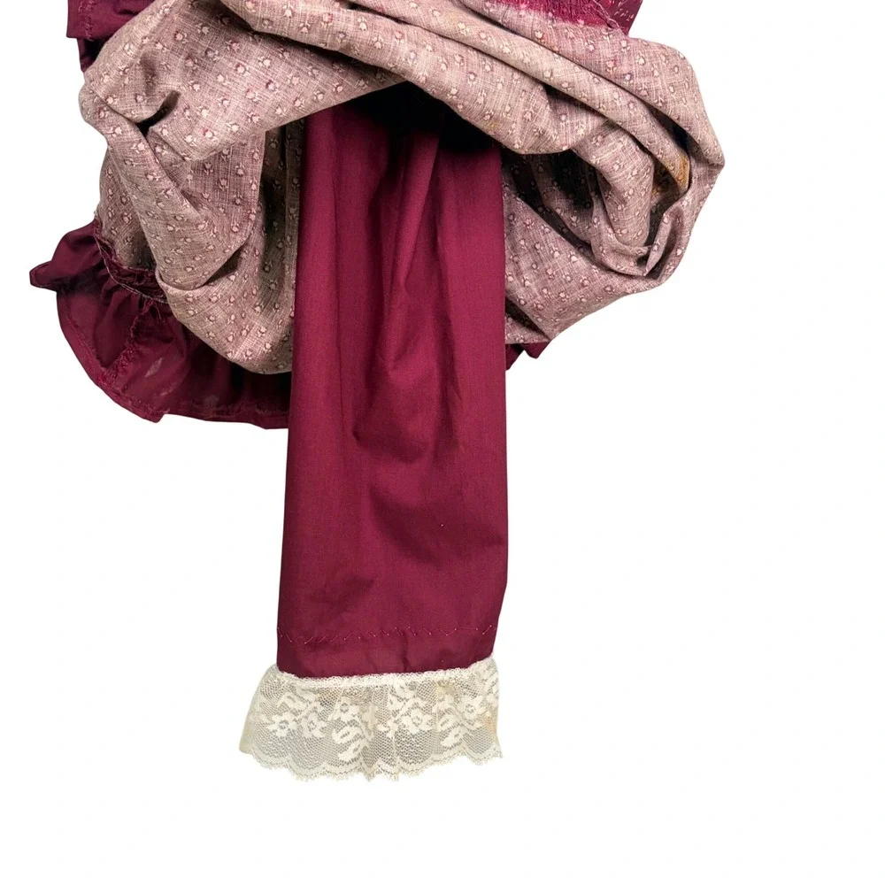 VTG 70s Grandmother Cloth Doll Burgundy Calico Bag Holder Handmade Hanging Decor